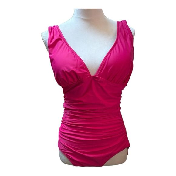 NWT J. Crew Radiant Fushia Roushed V Neck One Piece Bathing Suit Size 14 - Picture 1 of 9